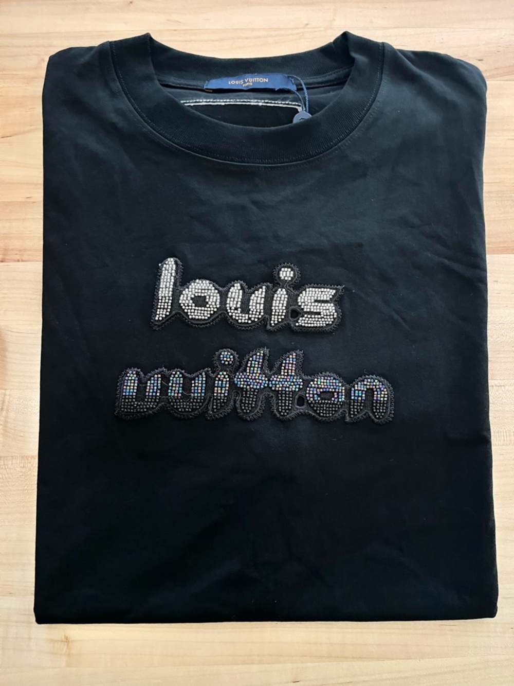 Louis Vuitton Authentic Black Sequin Logo Short Sleeve Crew Tee (P2P 25”)